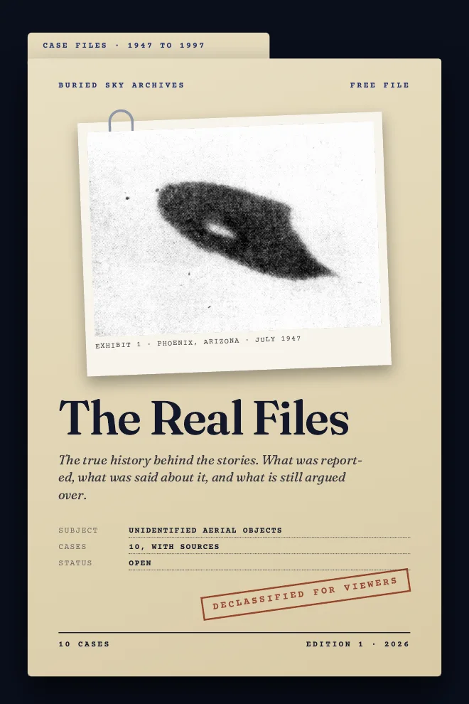 Cover of The Real Files, a case folder with a 1947 photograph